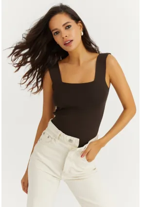 Kadın Kahverengi Kare Yaka Triko Bluz YV80