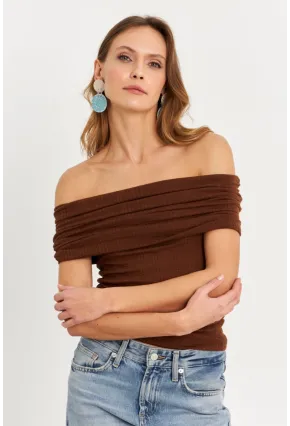 Kadın Kahverengi Kolsuz Madonna Yaka Bluz TF51