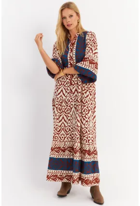 Kadın Kahverengi-Lacivert Volanlı Maxi Elbise ALO11