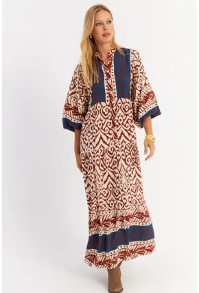 Kadın Kahverengi-Lacivert Volanlı Maxi Elbise ALO11