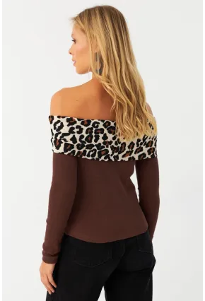 Kadın Kahverengi Leopar Bloklu Madonna Bluz AYD396