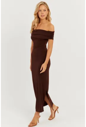 Kadın Kahverengi Madonna Yaka Midi Elbise DMR298