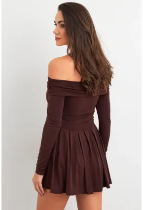 Kadın Kahverengi Madonna Yaka Midi Elbise MON1262