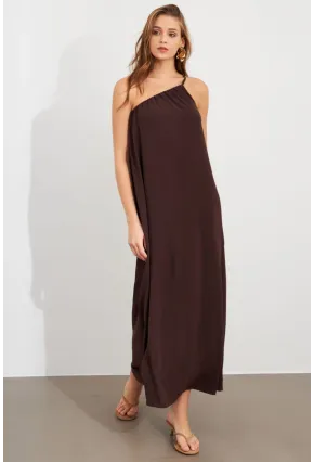 Kadın Kahverengi Tek Omuz Maxi Elbise İRE1012