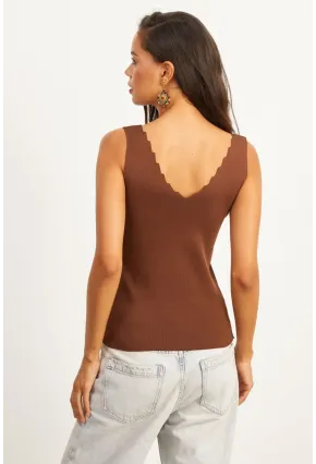 Kadın Kahverengi Merdiven Yaka Triko Bluz YV83