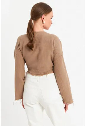 Kadın Kahverengi Müslin Crop Bluz PC20700