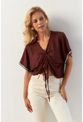 Kadın Kahverengi Önü Büzgülü Bluz XL2039