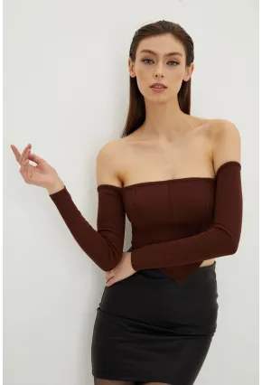 Kadın Kahverengi Sırt Fermuarlı Crop Bluz B518