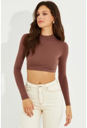Kadın Kahverengi Sırtı Açık Crop Bluz LPP1232