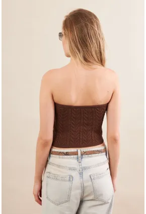 Kadın Kahverengi Straplez Triko Crop Bluz ZH049