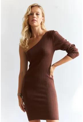 Kadın Kahverengi Tek Omuz Triko Midi Elbise YV264
