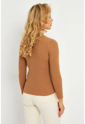Kadın Kahverengi V Yaka Triko Bluz YV284