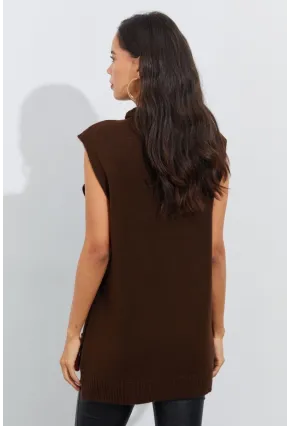Kadın Kahverengi Yanları Düğmeli Kolsuz Triko Tunik YV75