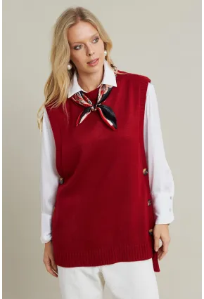 Kadın Kiremit Yanları Düğmeli Kolsuz Triko Tunik MYV75