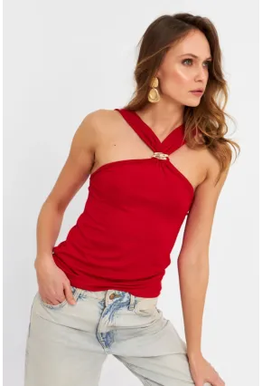 Kadın Kırmızı Aksesuarlı Çapraz Yaka Bluz EY3068