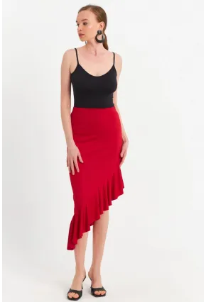 Kadın Kırmızı Asimetrik Pileli Etek EV741