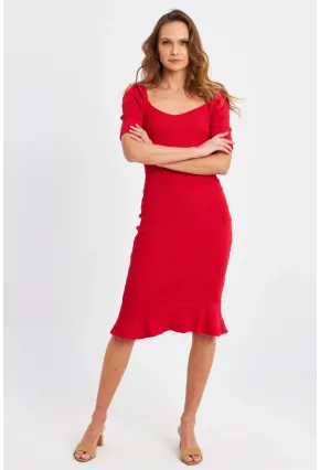 Kadın Kırmızı Balon Kol Eteği Volanlı Mevsimlik Midi Elbise Yİ2244