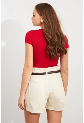 Kadın Kırmızı Basic Kısa Kollu Bluz UG2444