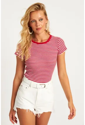 Kadın Kırmızı-Beyaz Çizgili Bluz XL2005