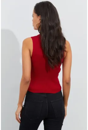 Kadın Kırmızı Bisiklet Yaka Triko Bluz YV91