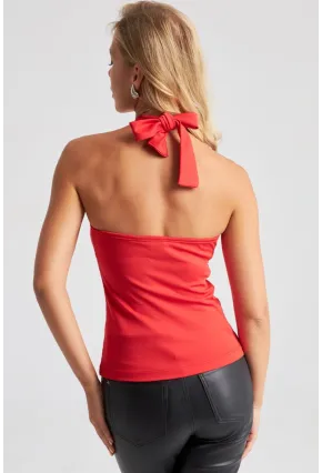 Kadın Kırmızı Boyun Bağlamalı Halkalı Crop Bluz EY2674