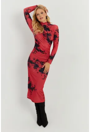 Kadın Kırmızı Büzgülü Desenli Midi Elbise MON118