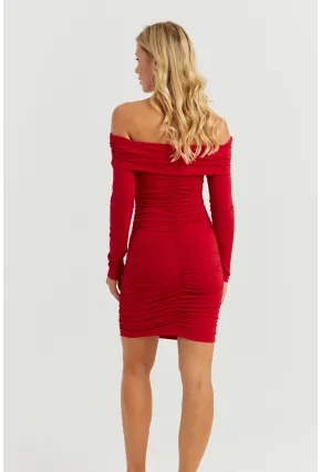 Kadın Kırmızı Büzgülü Madonna Mini Elbise MON1118