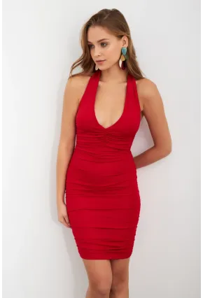Kadın Kırmızı Büzgülü Mini Elbise DCF033-90