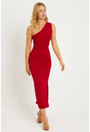 Kadın Kırmızı Büzgülü Yırtmaçlı Midi Elbise MON134