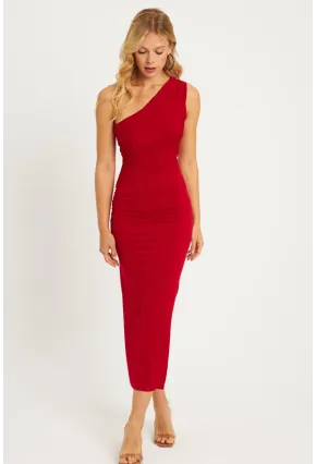 Kadın Kırmızı Büzgülü Yırtmaçlı Midi Elbise MON134