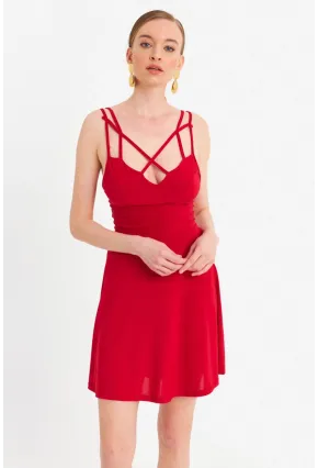Kadın Kırmızı Çapraz Askılı Mini Elbise ELT182