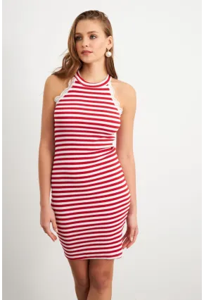 Kadın Kırmızı Dantel Detaylı Çizgili Midi Elbise MK36
