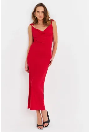 Kadın Kırmızı Degaje Maxi Elbise HOR0071