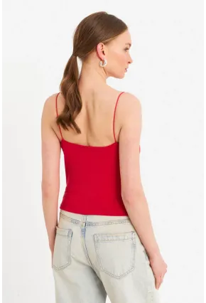 Kadın Kırmızı Degaje Yaka Basic Askılı Bluz YDF101