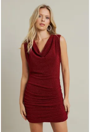 Kadın Kırmızı Degaje Yaka Büzgülü Mini Elbise YEL96