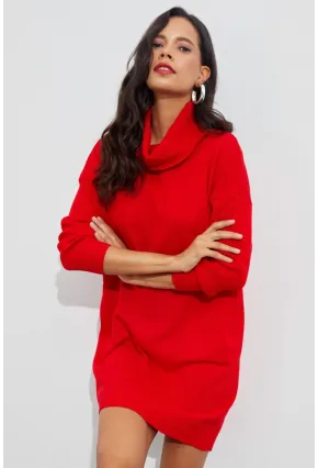 Kadın Kırmızı Degaje Yaka Triko Mini Elbise YV73