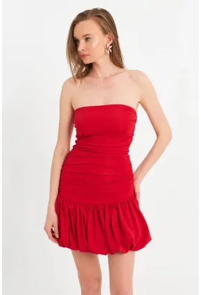 Kadın Kırmızı Drapeli Mini Elbise B6033