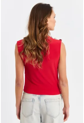 Kadın Kırmızı Düğme Detaylı Büzgülü Bluz LPP1205-1