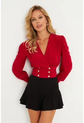Kadın Kırmızı Düğme Detaylı Kruvaze Bluz ELT3188