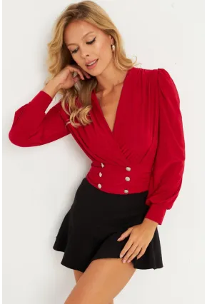 Kadın Kırmızı Düğme Detaylı Kruvaze Bluz ELT3188