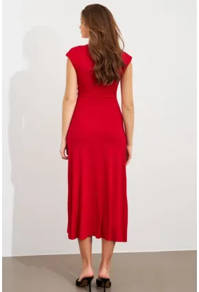 Kadın Kırmızı Düğme Detaylı Kruvaze Midi Elbise EY0011