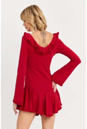 Kadın Kırmızı Fırfırlı Mini Elbise DCF121