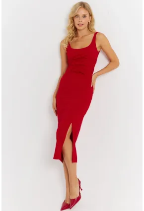 Kadın Kırmızı Fiyonk Detaylı Yırtmaçlı Midi Elbise KED4283