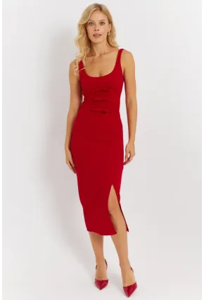 Kadın Kırmızı Fiyonk Detaylı Yırtmaçlı Midi Elbise KED4283