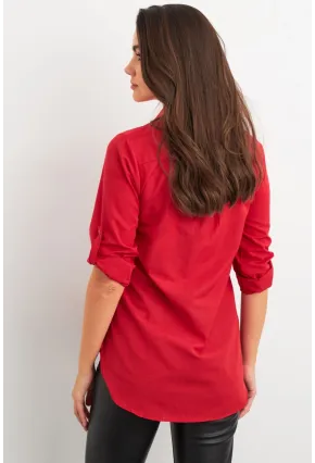 Kadın Kırmızı Gizli Düğmeli Uzun Gömlek SF2001