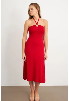Kadın Kırmızı Halka Detaylı Midi Elbise EY3089