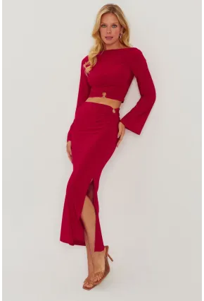 Kadın Kırmızı Halka Detaylı Sırtı Açık Etek Takım HO051