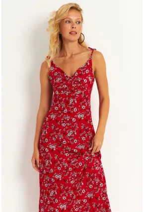 Kadın Kırmızı İp Askılı Çiçekli Midi Elbise GÇ172