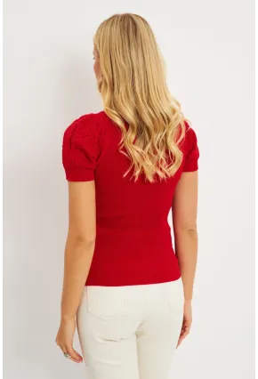 Kadın Kırmızı Kalp Taka Triko Bluz SMT228