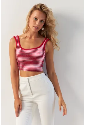 Kadın Kırmızı Kare Yaka Çizgili Bluz XL2036